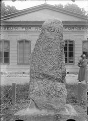 Runestone U 1011 standing in a museum garden with the Orangeriet building at Linnéträdgården in Uppsala in the background