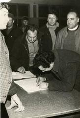 People collecting signatures against MSI (Italian Social Movement) in Genoa, Italy in 1971