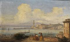 View of the Bay of Genoa with boats and coastline in 1855 by Ippolito Caffi