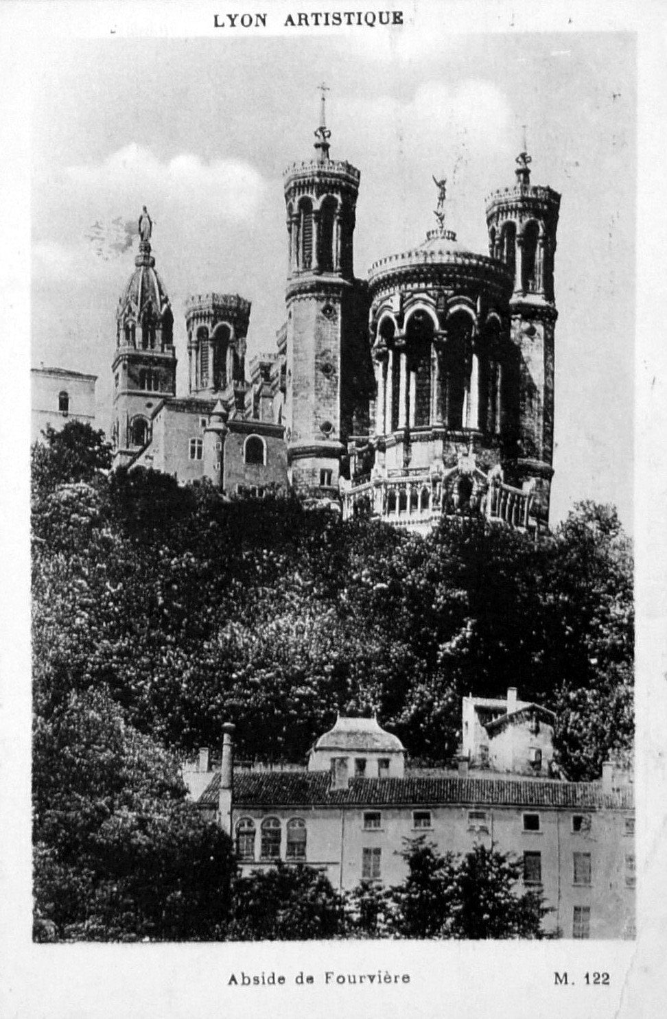 Vintage postcard of Lyon Fourvière in 1932 showing cityscape and historic buildings