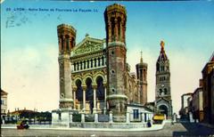 Ancient view of Lyon city with Fourvière hill and old buildings in 1934
