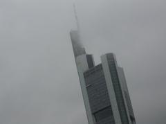 Skyline view of Frankfurt city in August 2006 with modern buildings and hazy sky