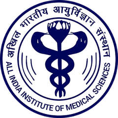 AIIMS New Delhi logo with stylized blue cross and caduceus