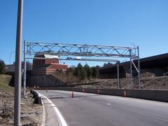 Boston Tobin Bridge electronic tolling gantry and lane striping in progress