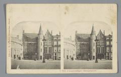 Historic De Gevangenpoort prison gate in The Hague, Netherlands with statue, vintage stereophoto postcard from 1896-1905
