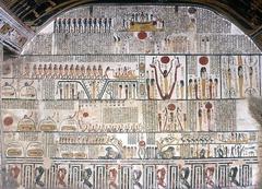Ancient Egyptian scene from tomb of Ramses V-VI showing bound and decapitated enemies