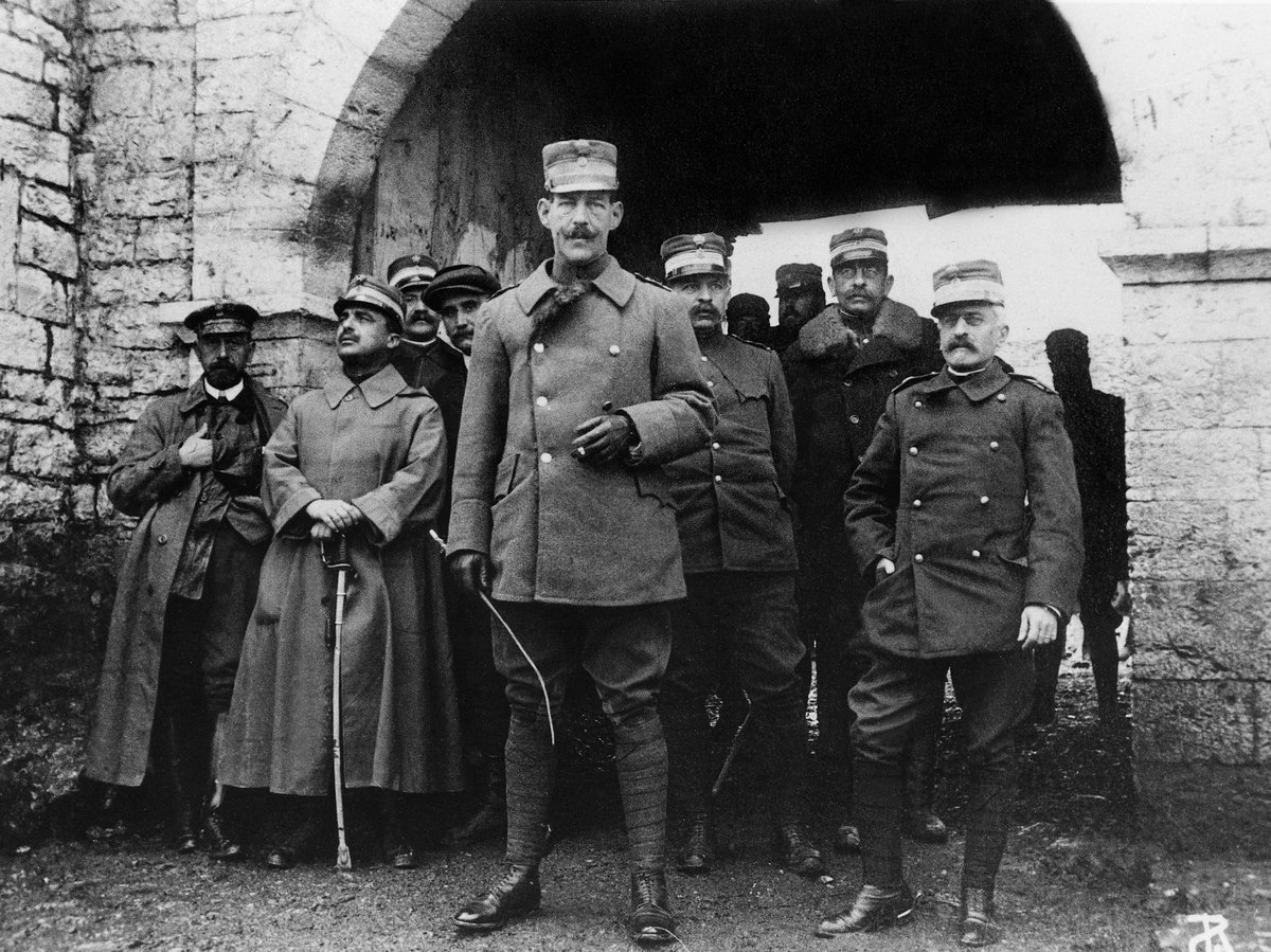Commander-in-Chief Constantine I of Greece with his military staff at the main entrance of Emin Aga Inn in Epirus
