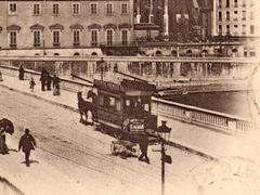 Old postcard detail showing Pont Tilsit with a horse-drawn omnibus in Lyon