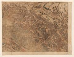 Detailed 16th century scenic map plan of the city of Lyon oriented westward, circa 1550