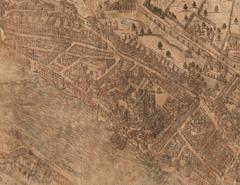 Detailed 16th century scenographic map of Lyon oriented west, showing city features and fortifications circa 1550