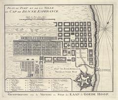 Historical map of Cape Town and fort De Goede Hoop with key landmarks