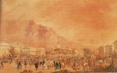 Painting depicting speeches and rally against the establishment of a penal colony in Cape Colony