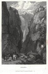 Ancient ruins of Delphi with stone columns and mountainous background