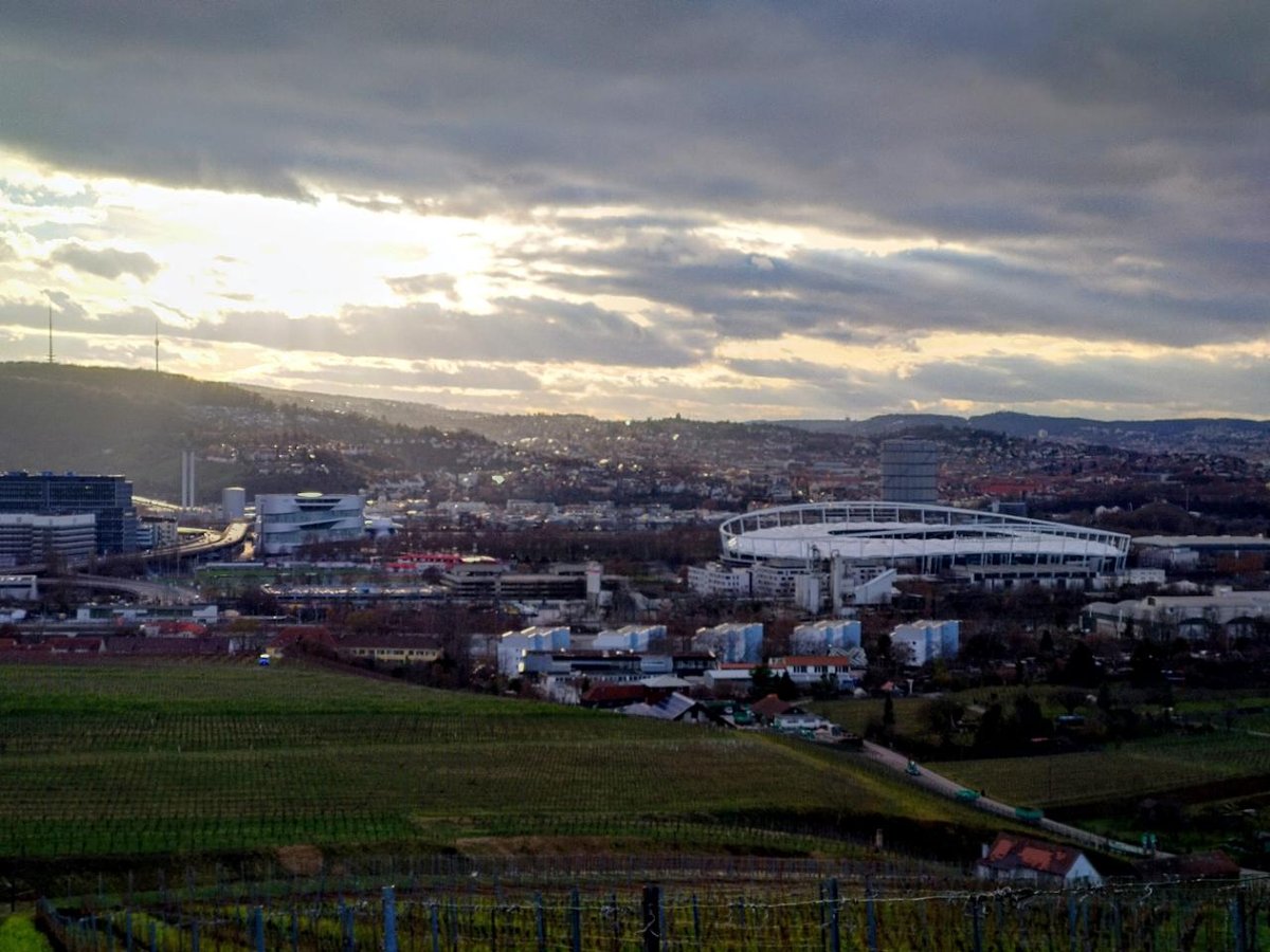 Neckarstadion stadium in backlight with January cloud sky