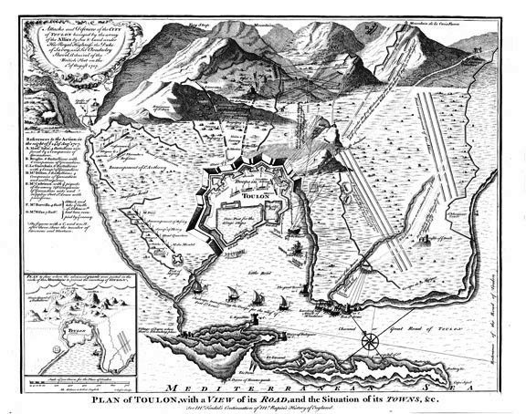 Map of the Siege of Toulon 1707 showing troop movements and strategic positions