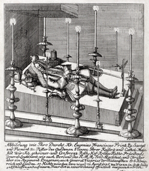 Prince Eugene of Savoy lying in state with draped coffin and mourners