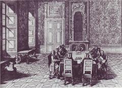 Consultation in the Belvedere presided by Prince Eugene of Savoy historic copperplate engraving