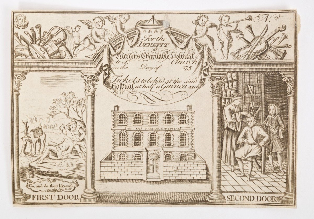 Antique concert ticket for Mercer's Hospital featuring the motto 'Go, and do thou likewise'