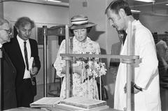 Queen Beatrix at the book restoration department of the Royal Library in The Hague, 1982