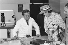 Queen Beatrix at the book restoration department of the Royal Library in The Hague on September 28, 1982