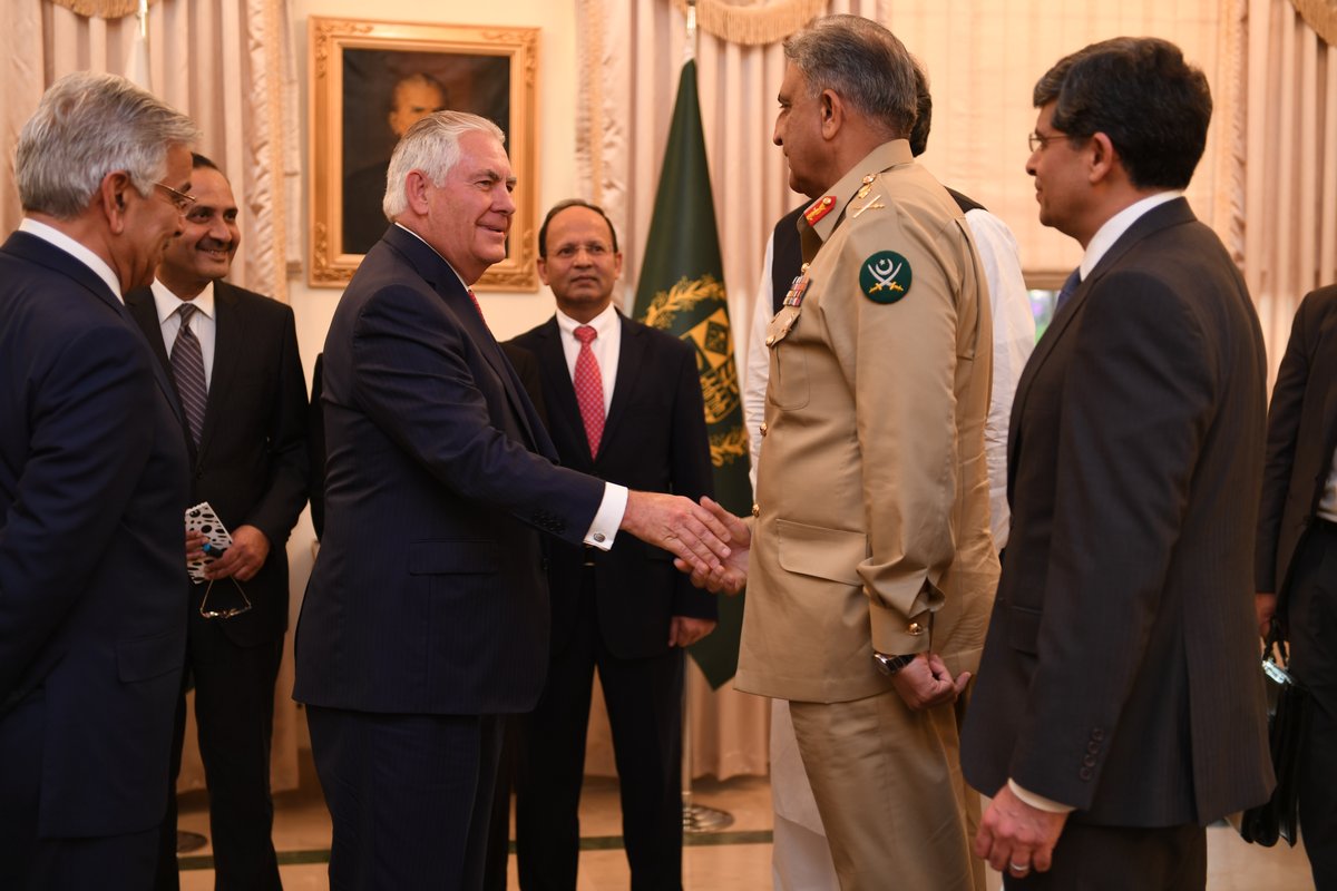 U.S. Secretary of State Rex Tillerson greeted by Chief of Army Staff Qamar Javed Bajwa in Islamabad