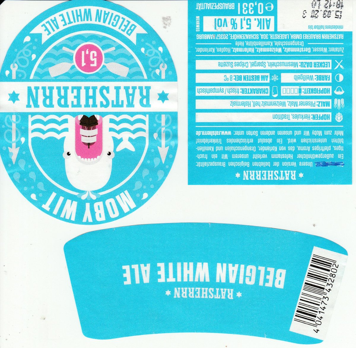 Beer label from Germany Ratsherrn Brewery Moby Wit Belgian White Ale 2020 showing neck front and back