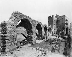 Medieval city wall and Eigelsteintor gate in Cologne during demolition in 1882
