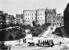 Historic Rudolfplatz and Hahnentor gate in Cologne with horse-drawn tram around 1890