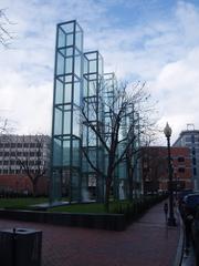 New England Holocaust Memorial in Boston with glass towers etched with numbers