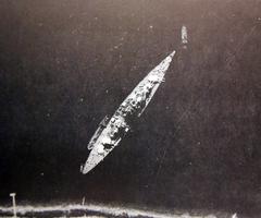 Aerial view of German battleship Tirpitz, Bismarck class, during WWII, 1942