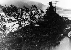 German battleship Tirpitz camouflaged at moorings in Flehke Fjord Norway during World War II