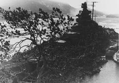 Camouflaged battleship Tirpitz moored in Altafjord Norway during World War II 1941-1944