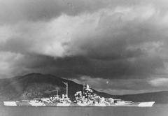 Tirpitz battleship anchored in Alta Fjord northern Norway with anti-torpedo nets 1943-1944