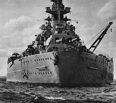 Battleship Tirpitz seen from astern with cranes and deck details