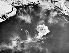 Fleet Air Arm aircraft attacking German battleship Tirpitz with bombs at Alten Fjord Norway 1944