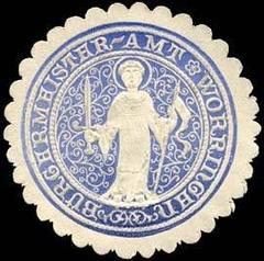 Blue and white embossed sealing stamp of the Bürgermeister Amt in Worringen