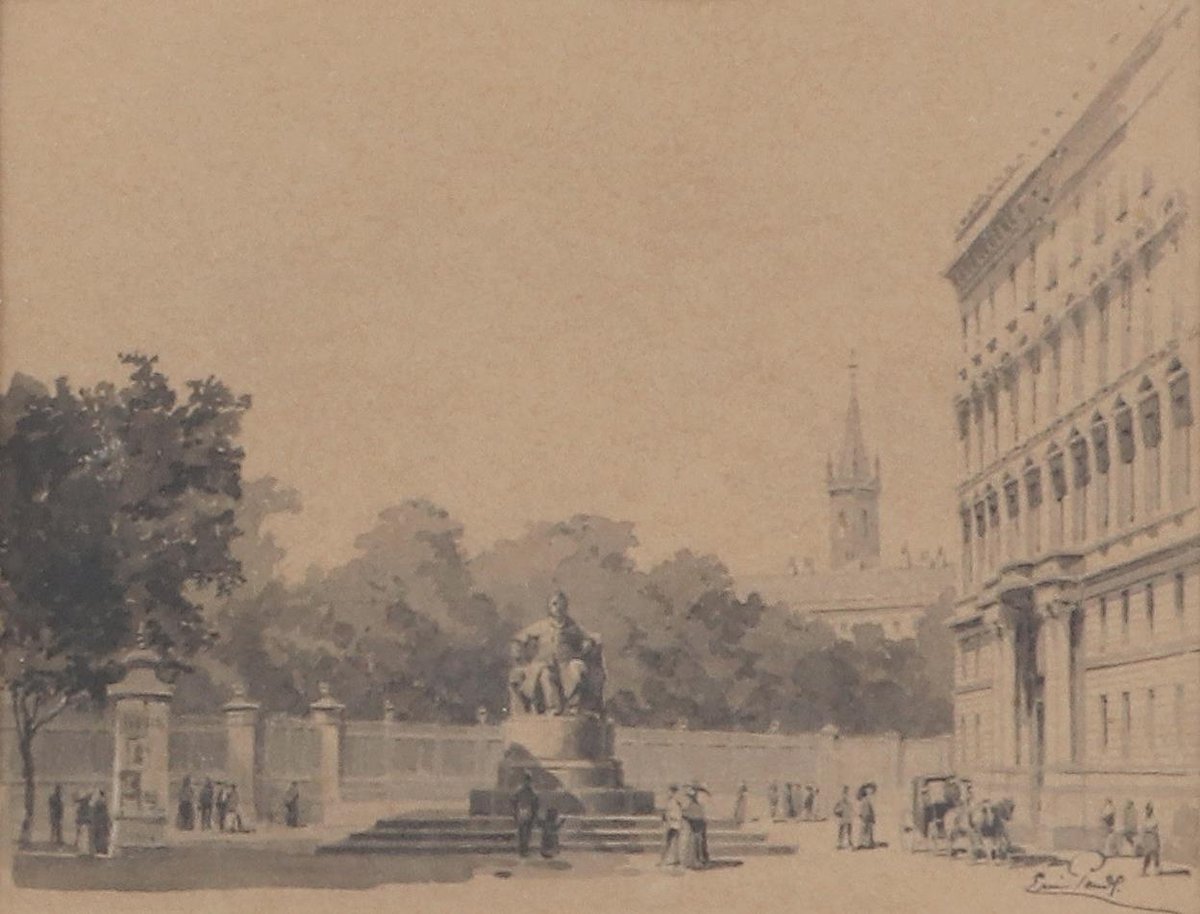 Goethe memorial artwork at Burggarten by Erwin Pendl, grisaille watercolor on paper