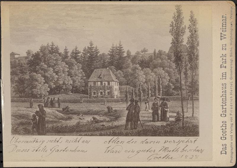 The Goethe Gartenhaus in the park of Weimar, captured in a historic black and white photograph showing a serene garden house surrounded by trees
