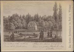 The Goethe Gartenhaus in the park of Weimar, captured in a historic black and white photograph showing a serene garden house surrounded by trees