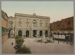 Historical print of Biblioteca e Caffé della Regina in Malta showing interior with people