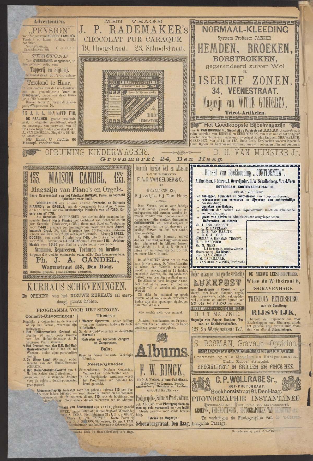 1885 newspaper advertisement page featuring Zuid-Hollandsche Boek- en Handelsdrukkerij, Kurhaus Scheveningen, J.P. Rademaker NV, Jaeger clothing, Rotterdamse Bureel van Boekhouding Confedentia, Carll Philipp Wollrabe