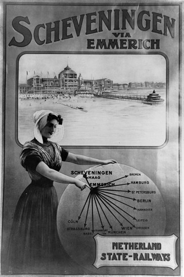 Vintage NS poster promoting train connections from European cities to Scheveningen via Emmerich featuring a woman in traditional costume and the Kurhaus with pier