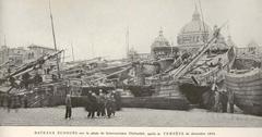 Shipwrecked boats stranded on Scheveningen beach after December 1894 storm in Hague Netherlands