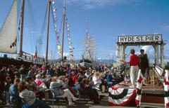 Crowd enjoying live music from musicians performing at Festival of the Sea on Hyde St. Pier