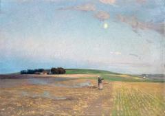 Painting of a man in a field burning couch grass