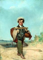 The Shrimper painting by Alexander Mosses depicting a young boy on a boat holding a fishing net