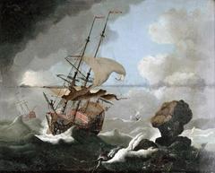 Ships battling stormy seas with dramatic dark clouds and turbulent waves