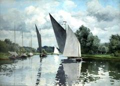 Painting of a peaceful river scene at Wroxham with a boat near the shore