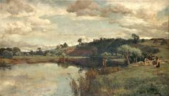 River scene with a shepherd and sheep by a ferry