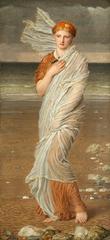 Painting of a woman collecting seashells on a beach